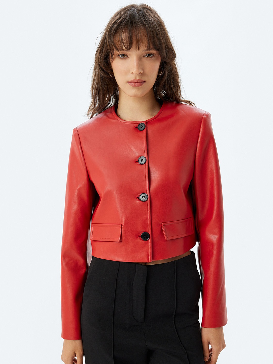 

Koton Collarless Long Sleeves Leather Jacket, Pink