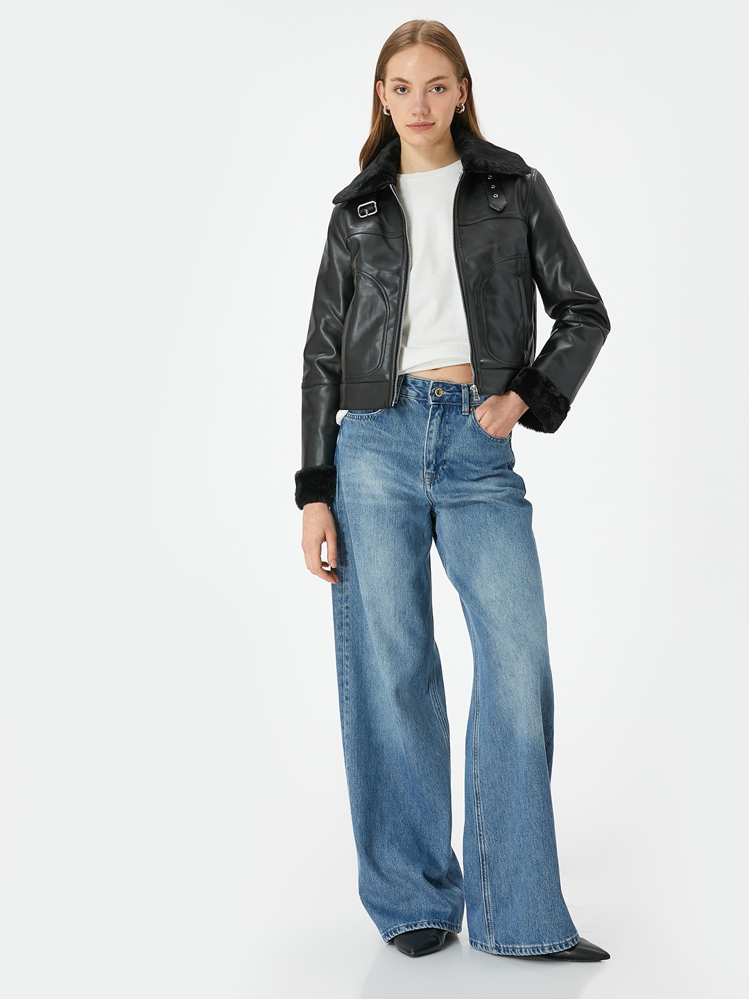 

Koton Women Spread Collar Solid Casual Biker Jacket, Black