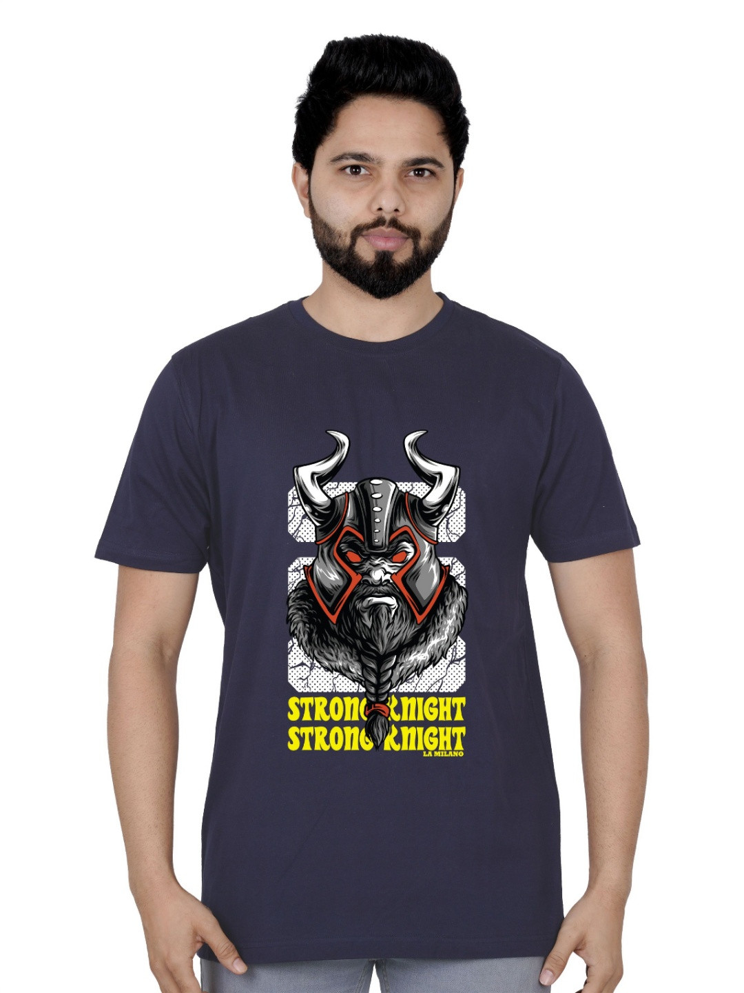 

LA MILANO Men Graphic Printed Round Neck Pure Cotton Slim Fit T-shirt, Navy blue