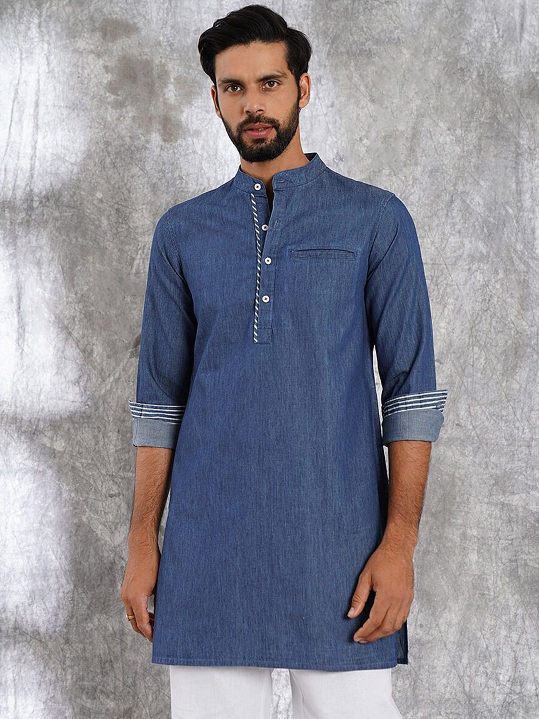 

JAYPORE Striped Woven Design Mandarin Collar Denim Straight Kurta, Blue