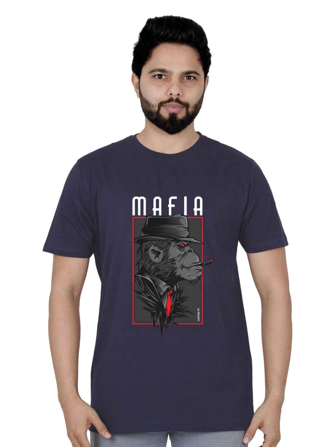 

LA MILANO Men Graphic Printed Round Neck Pure Cotton Slim Fit T-shirt, Navy blue