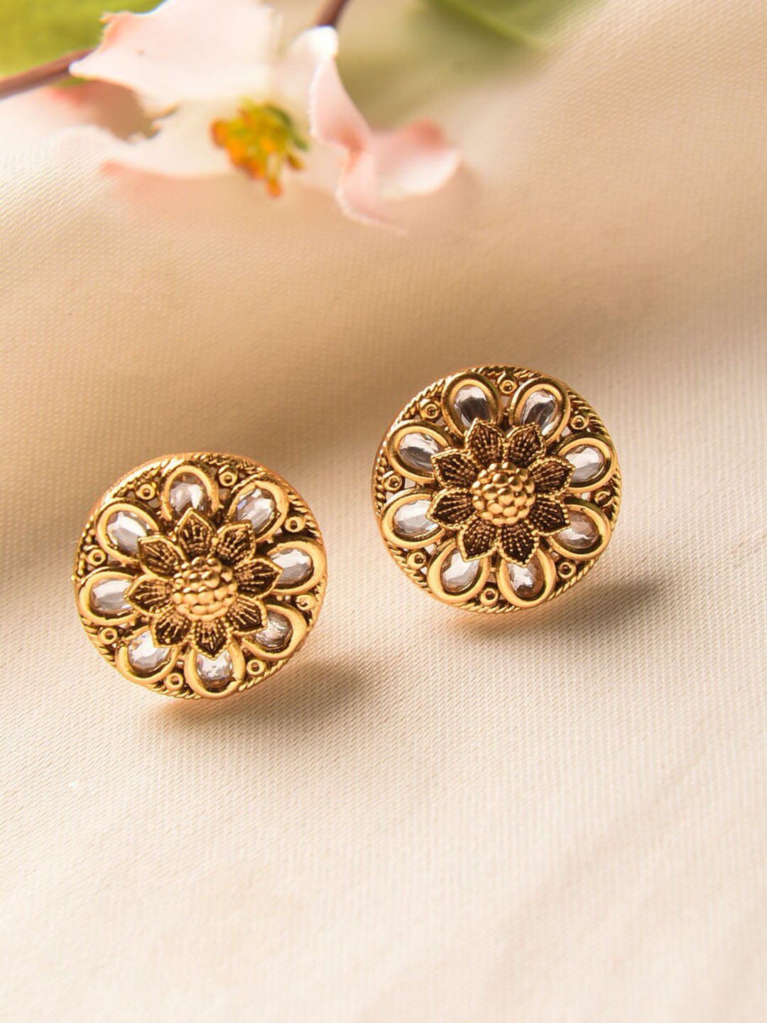 

JAYPORE Gold-Plated Floral Stone Studded Studs