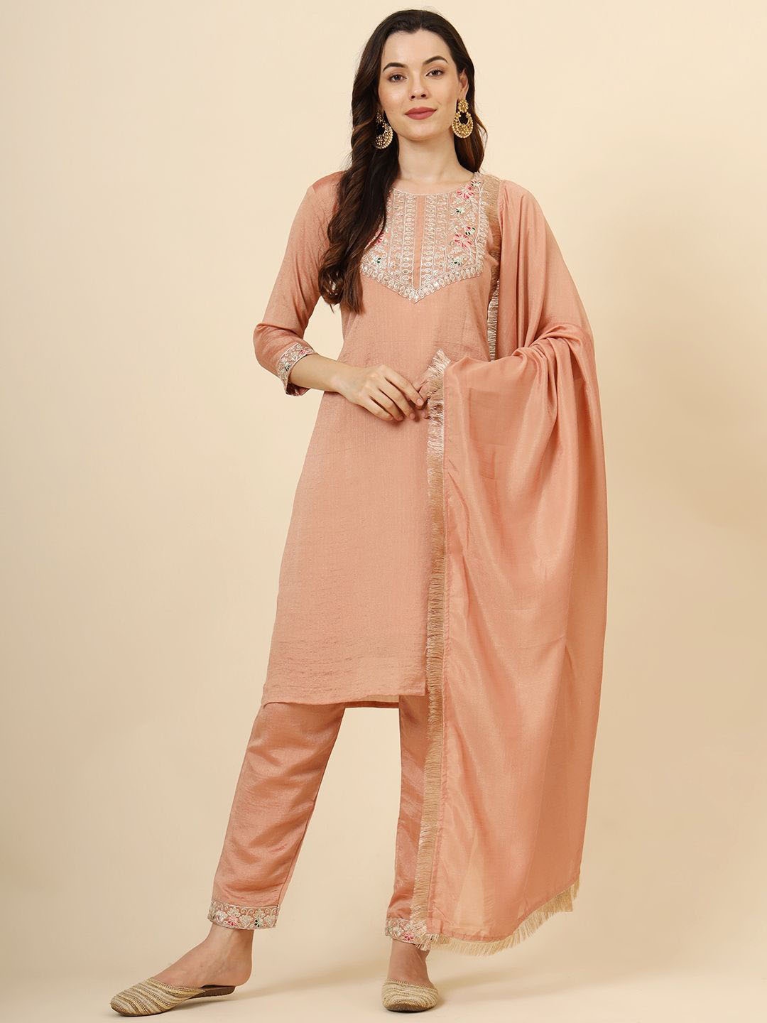 

HERE&NOW Floral Embroidered Round Neck Sequin Work Kurta & Trouser & Dupatta, Peach