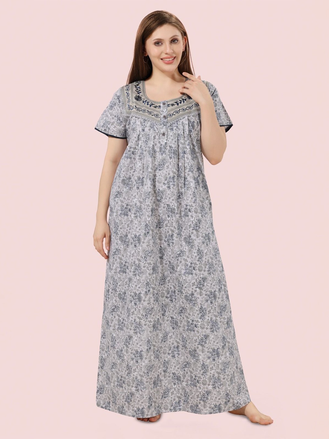 

Soulemo Women Pure Cotton Printed Maxi Everyday Nightdress, Grey