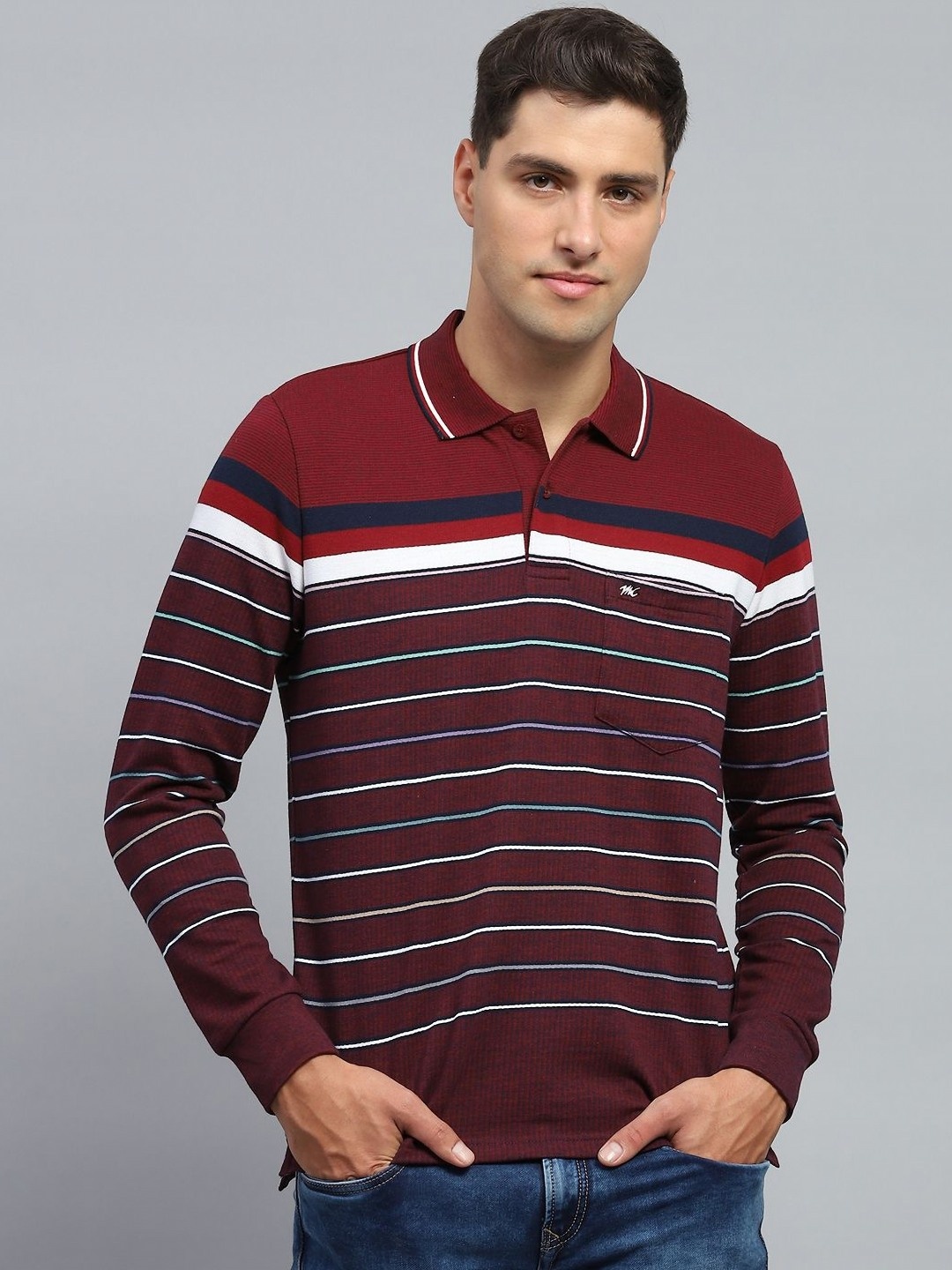 

Monte Carlo Men Striped Polo Collar Cotton T-shirt, Maroon