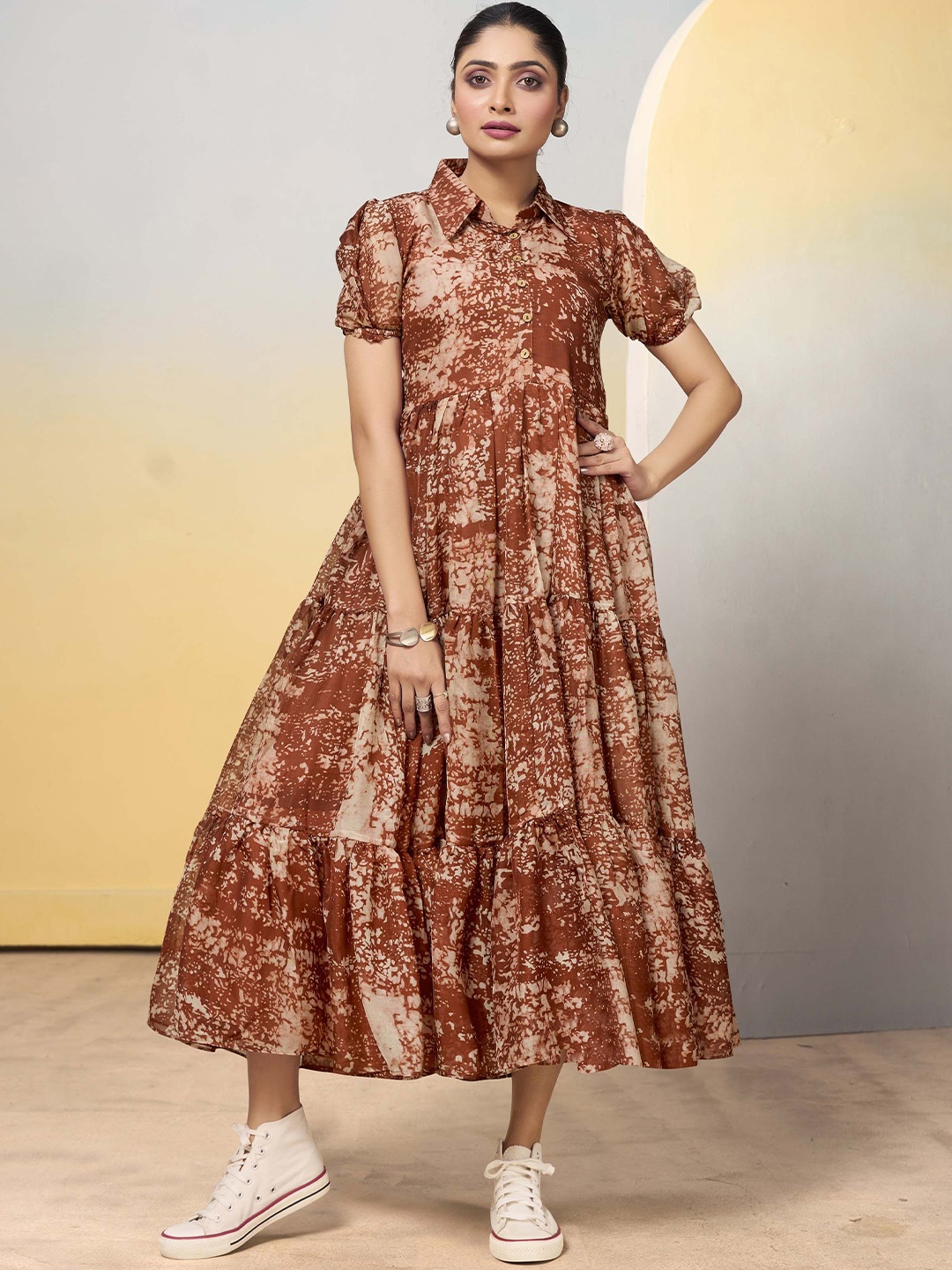 

MADHAVPRIYA Floral Print Puff Sleeve Fit & Flare Midi Dress, Brown