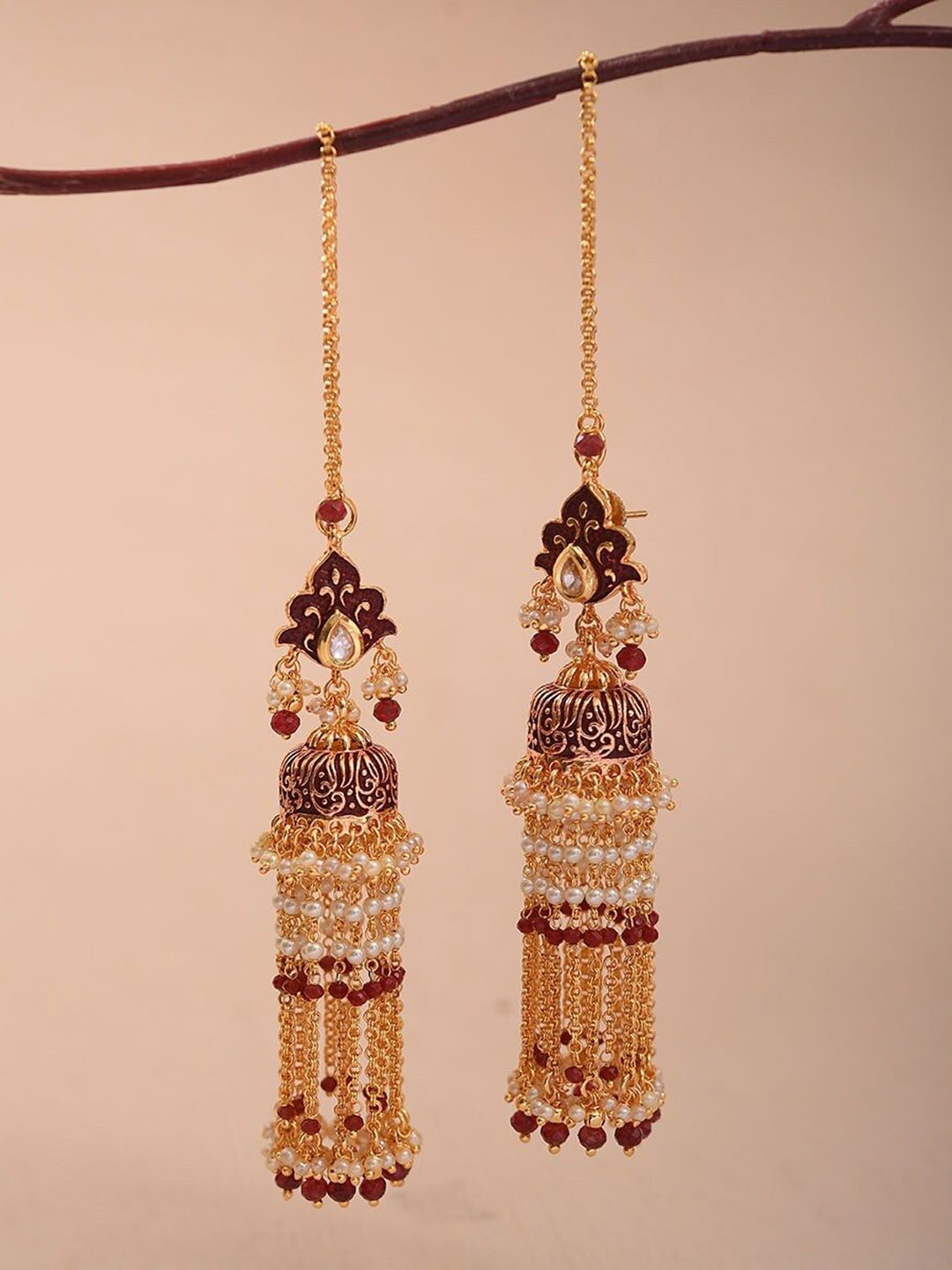 

JAYPORE Gold Plated Artificial Beads Studded Enamelled Contemporary Drop Earrings