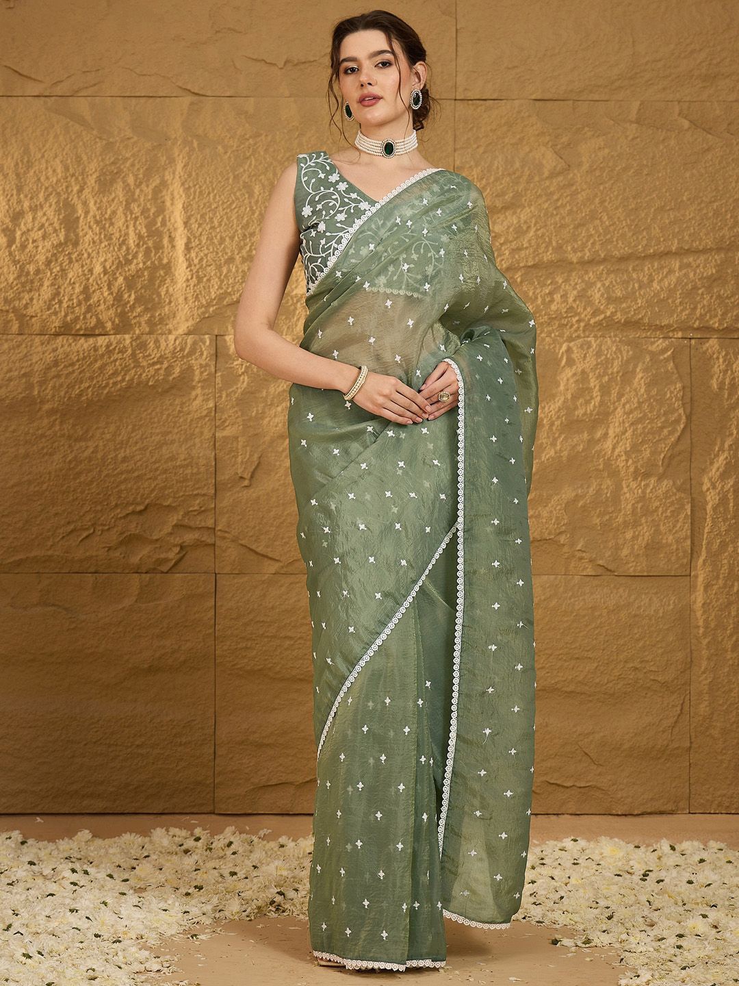 

Anouk Ethnic Motif Embroidered Embellished Border Pure Chiffon Saree, Sea green