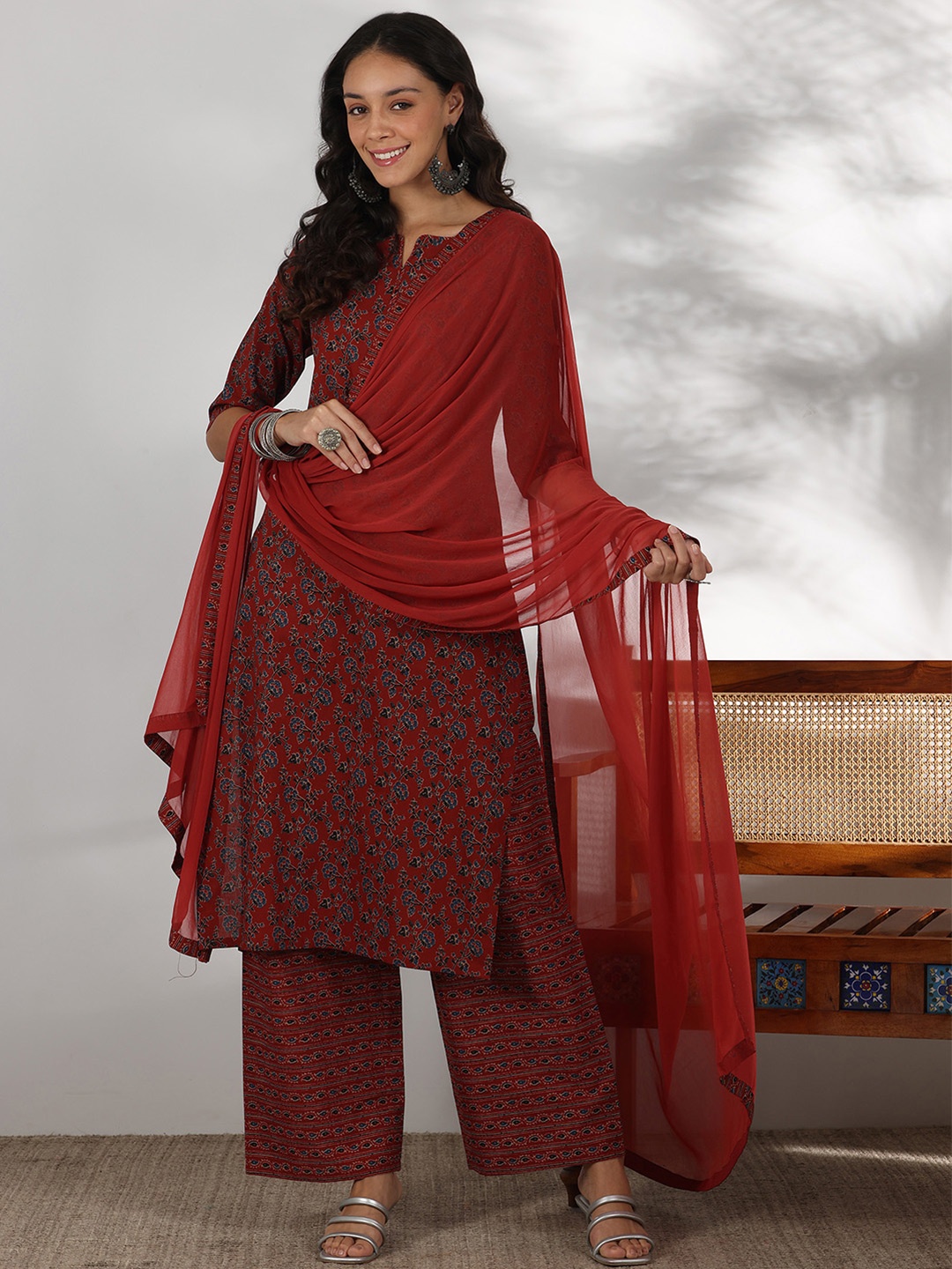 

Libas Floral Printed Notch Neck Pure Cotton Straight Kurta with Palazzos & Dupatta, Rust