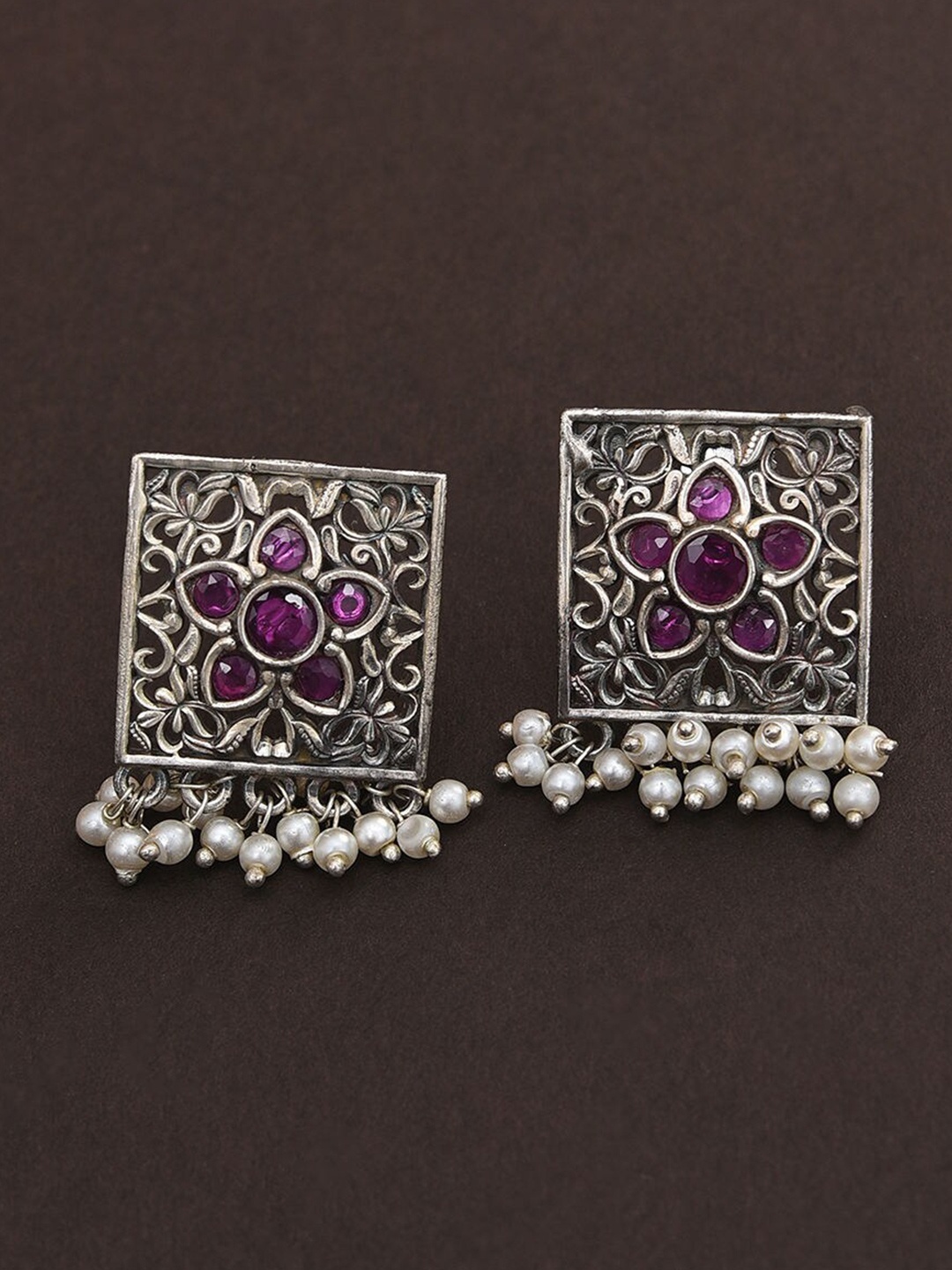 

JAYPORE Silver-Plated Stone Studded Contemporary Oxidised Drop Earrings