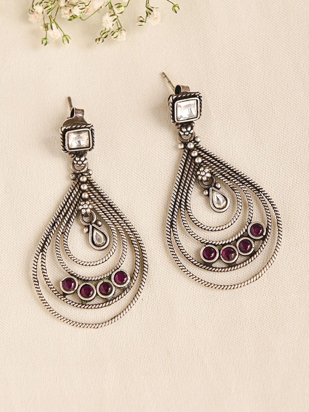 

JAYPORE Silver-Plated Contemporary Stone Studded Drop Earrings