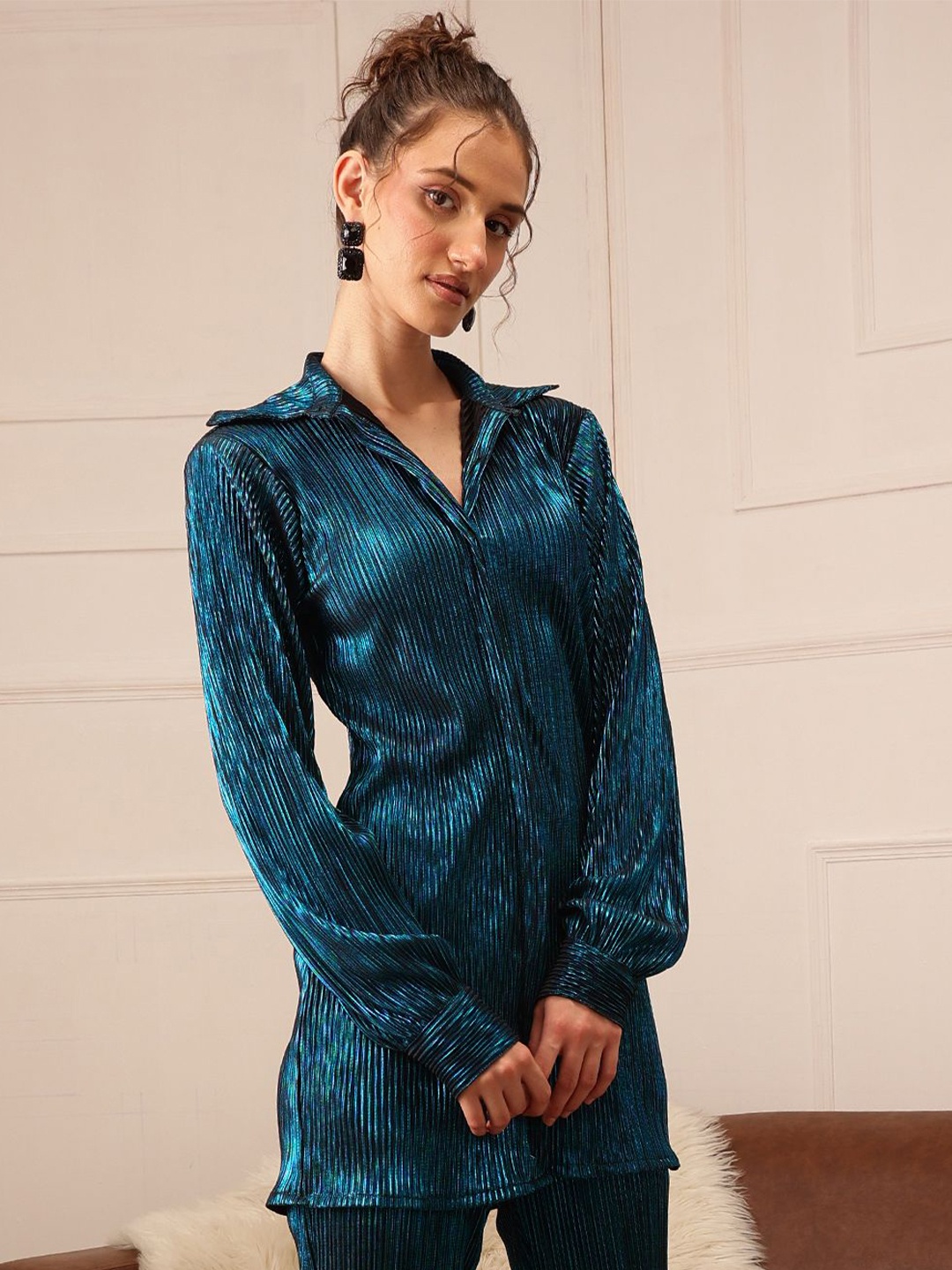 

Molly & Michel Women Spread Collar Self Design Satin Party Shirt, Navy blue