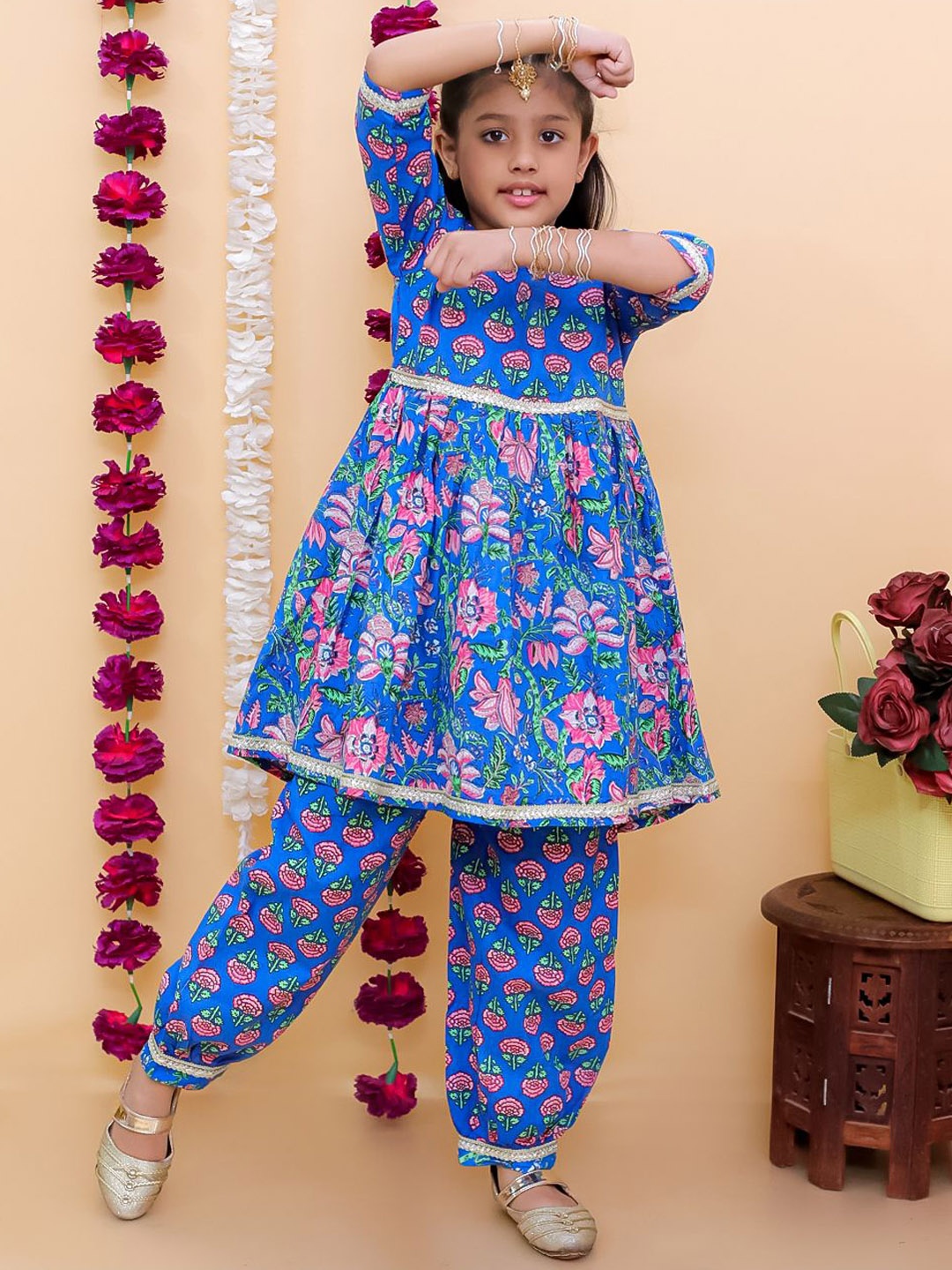 

The Mom Store Girls Floral Printed Pure Cotton A Line Kurta with Dhoti Pants, Blue