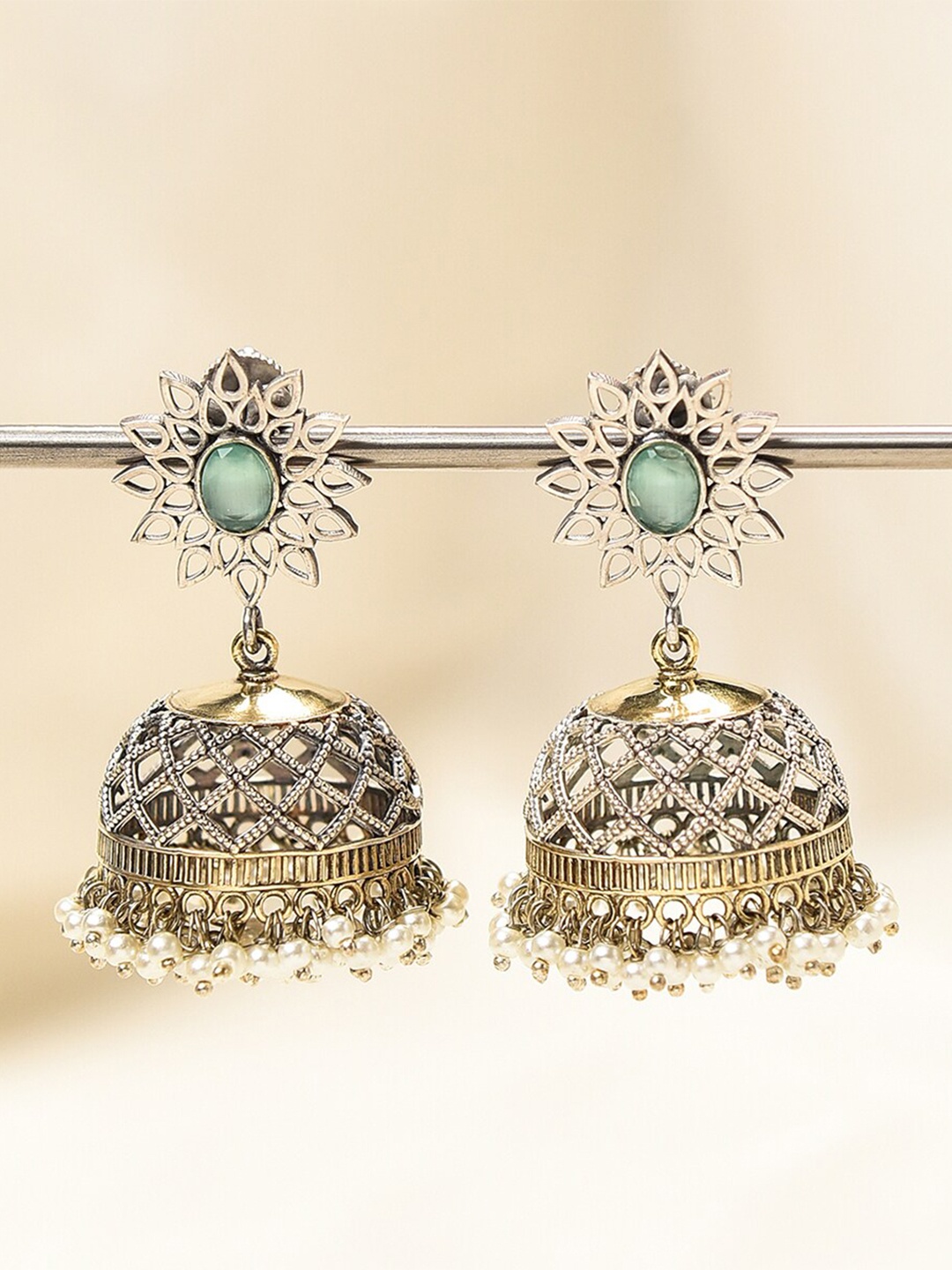 

JAYPORE Stone Studded & Beaded Contemporary Jhumkas, Gold