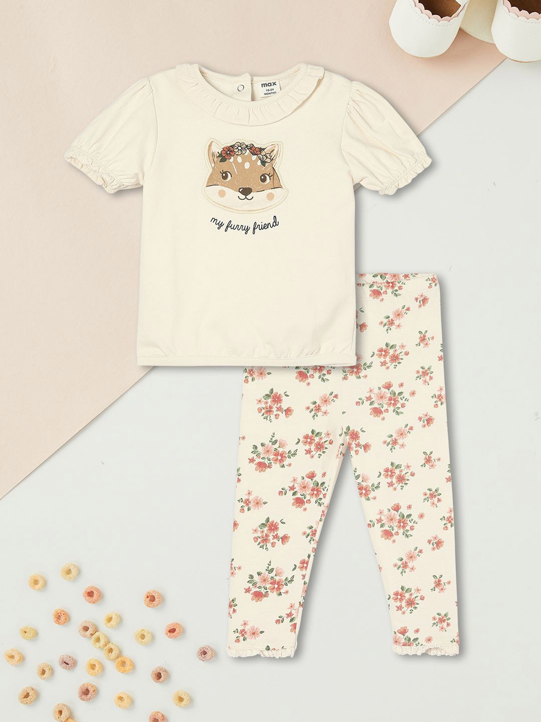 

max Girls Printed Round Neck Short Sleeves Pure Cotton T-Shirt & Trouser, Cream