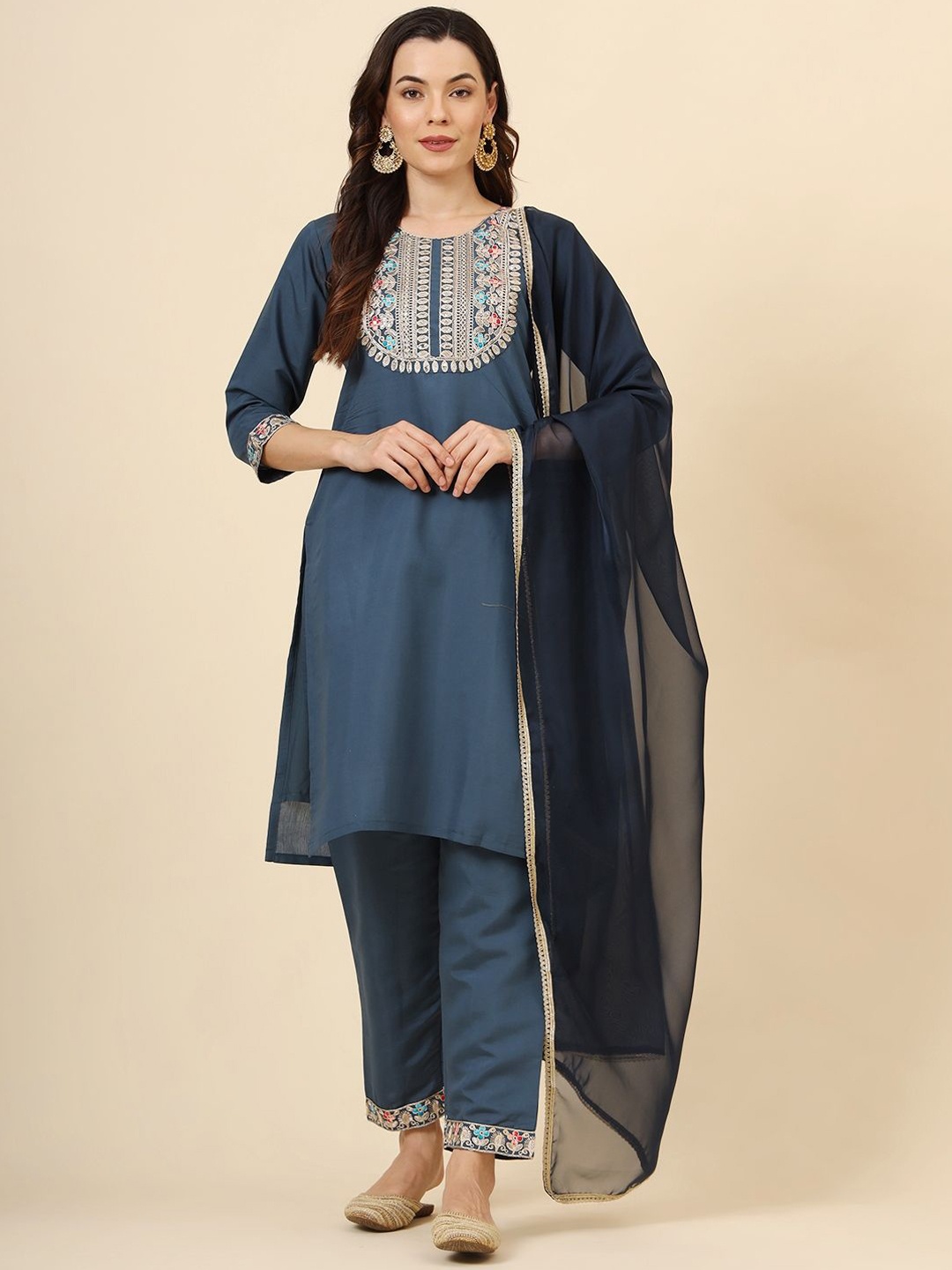 

HERE&NOW Floral Embroidered Round Neck Sequin Work Kurta With Trouser With Dupatta, Teal