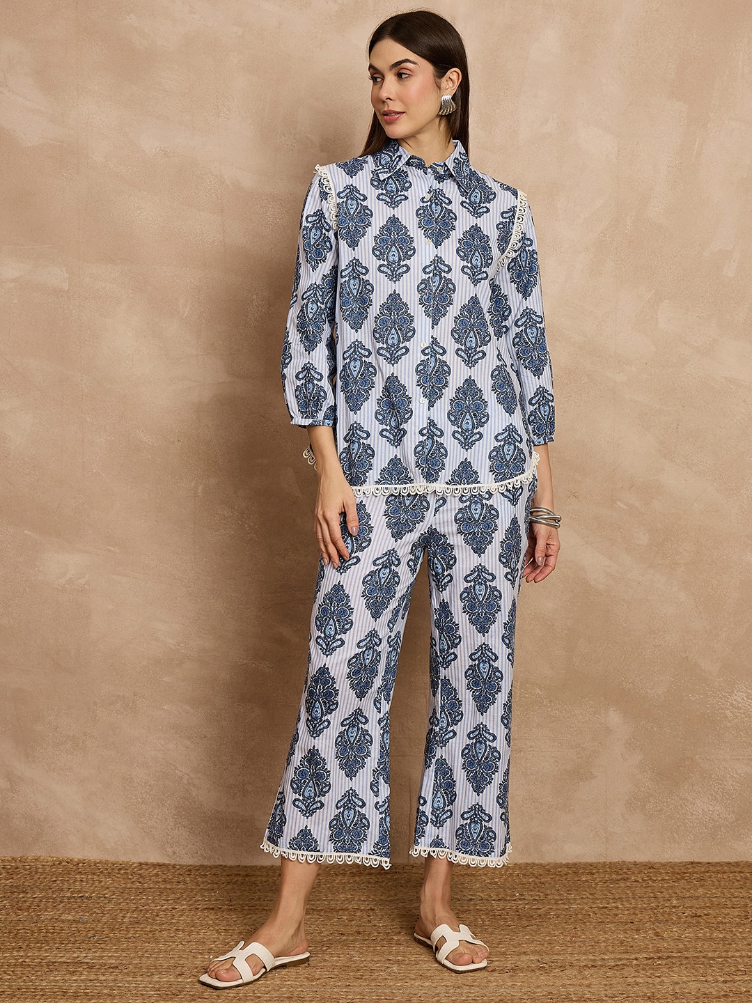 

all about you Ethnic Motifs Printed Three-Quarter Sleeves Pure Cotton Shirt With Trouser, Navy blue