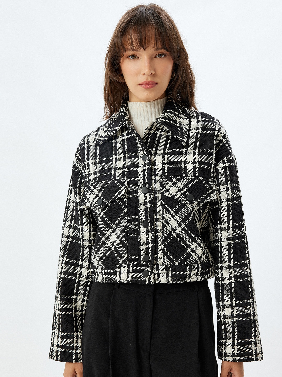 

Koton Women Spread Collar Checked Casual Tailored Jacket, Black