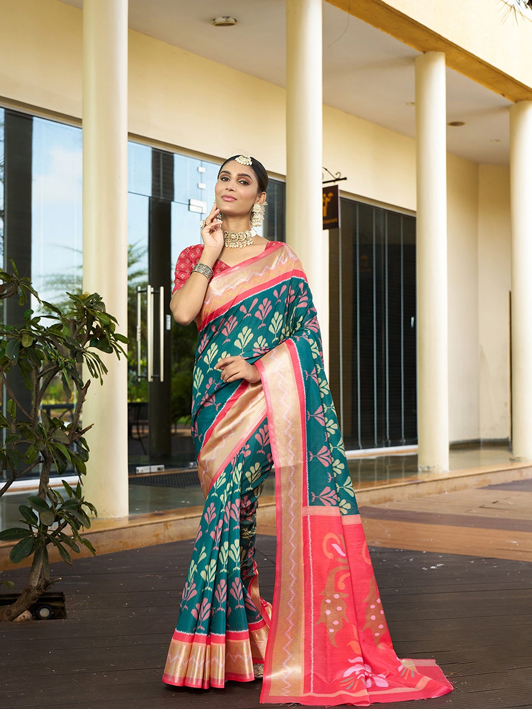 

KAYOMMI Woven Design Zari Pure Crepe Ikat Saree, Green