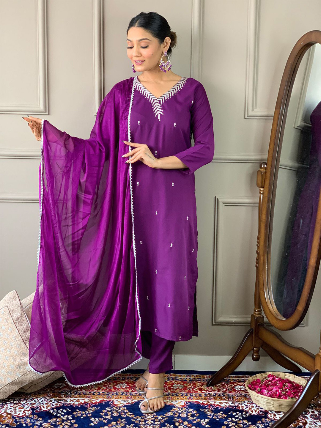 

ODETTE Embroidered Thread Work Straight Kurta with Trousers & Dupatta, Purple