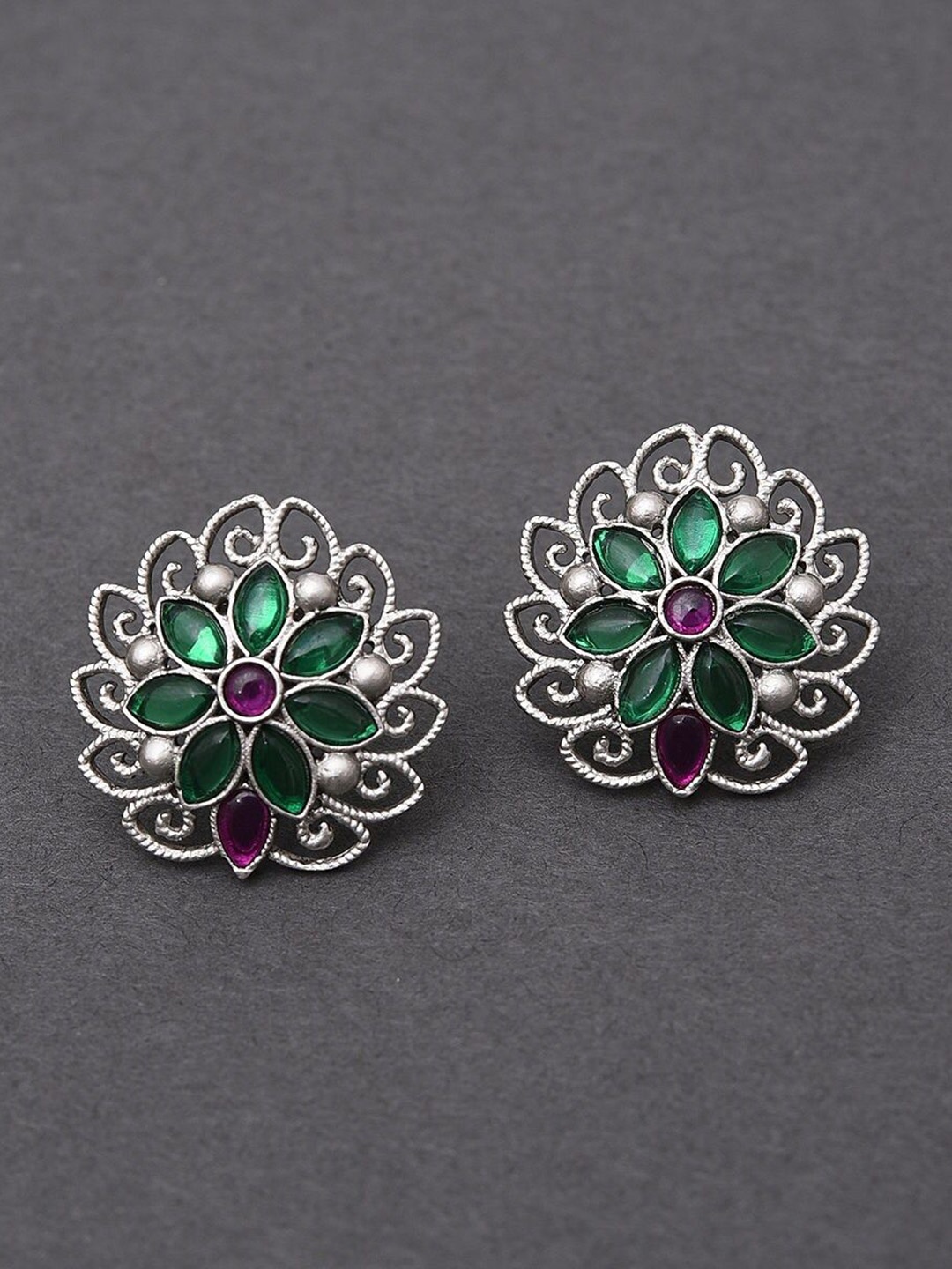 

JAYPORE Floral Shaped Stone Studded Studs, Silver