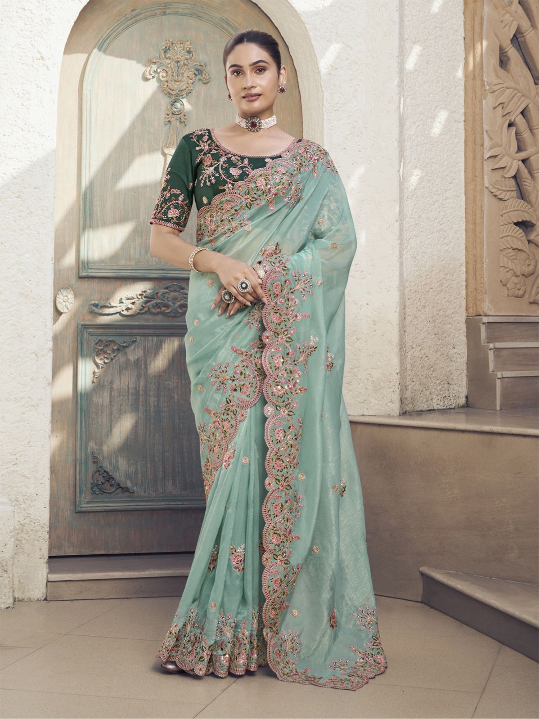 

ODETTE Embroidered Silk Blend Saree, Sea green