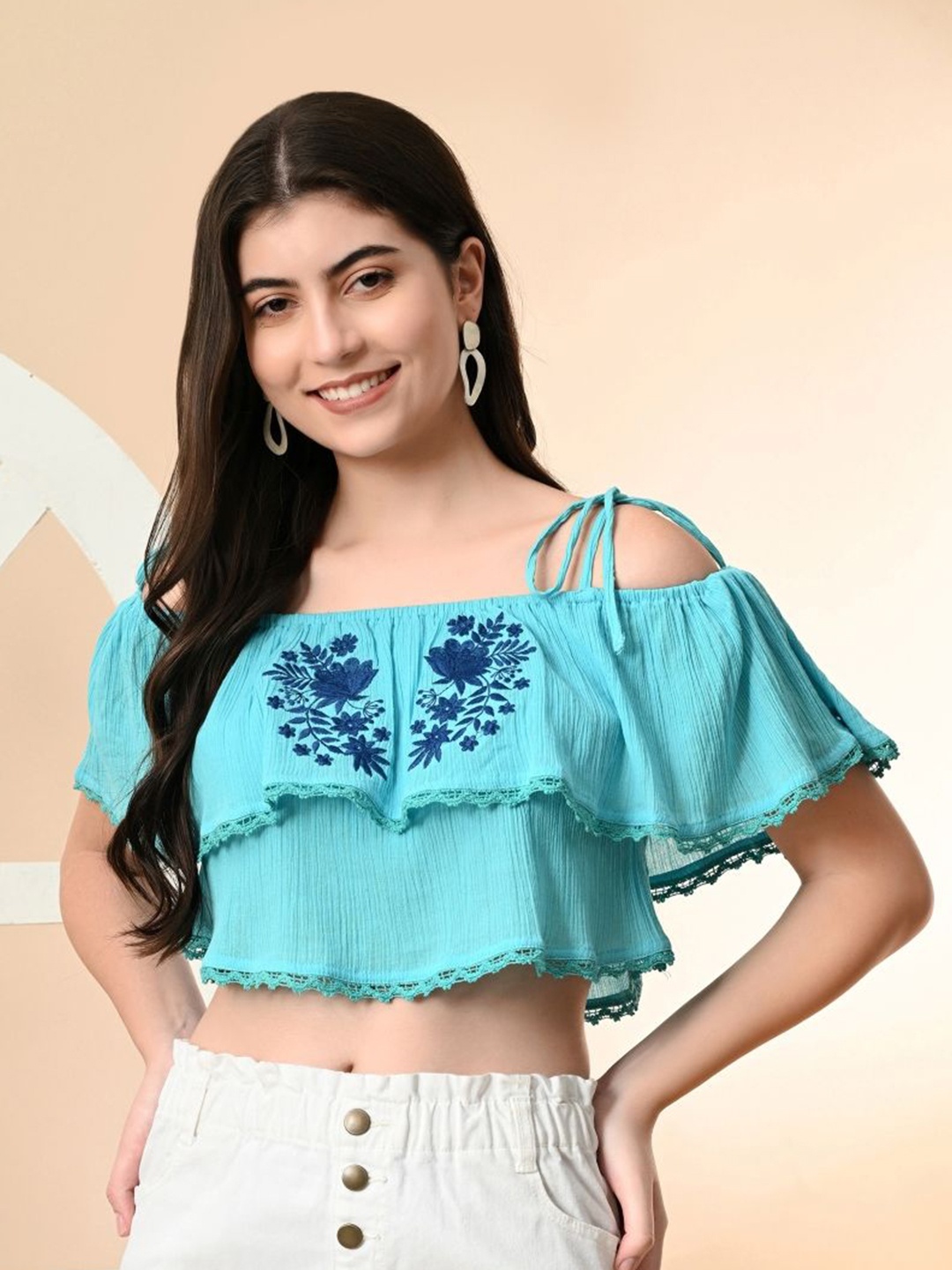 

PRETTY LOVING THING Embroidered Halter Neck Cotton Crop Top, Turquoise blue