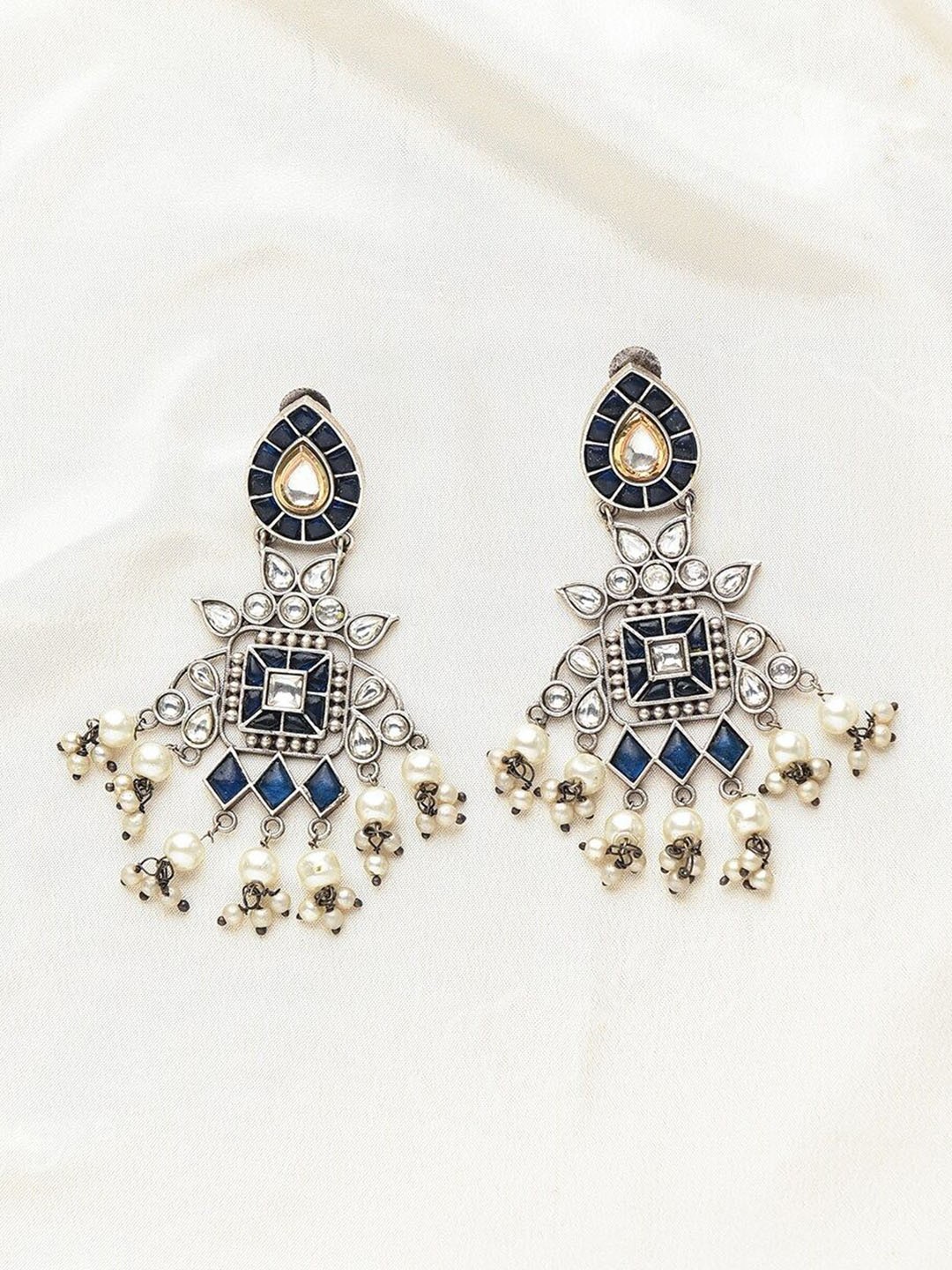

JAYPORE Stone Studded Contemporary Drop Earrings, Silver