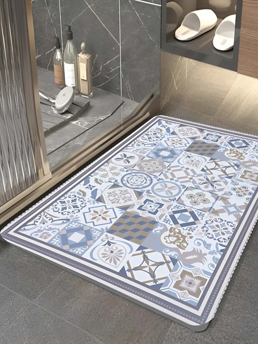 

HomeCloud Beige & Blue Geometric Printed Rectangular Floor Mat