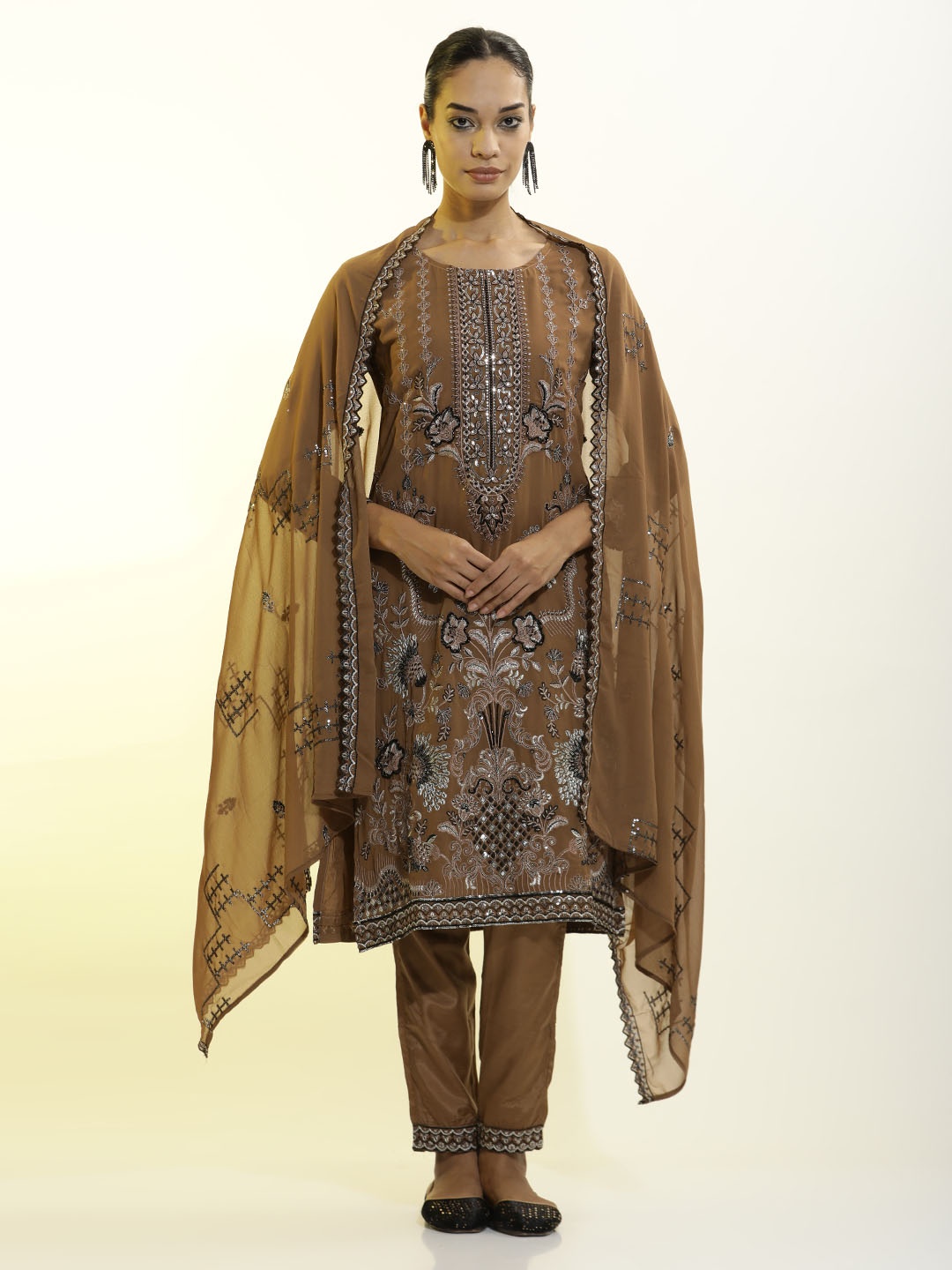 

Jaipur Kurti Festive Embroidered Georgette Kurta Set With Dupatta, Brown