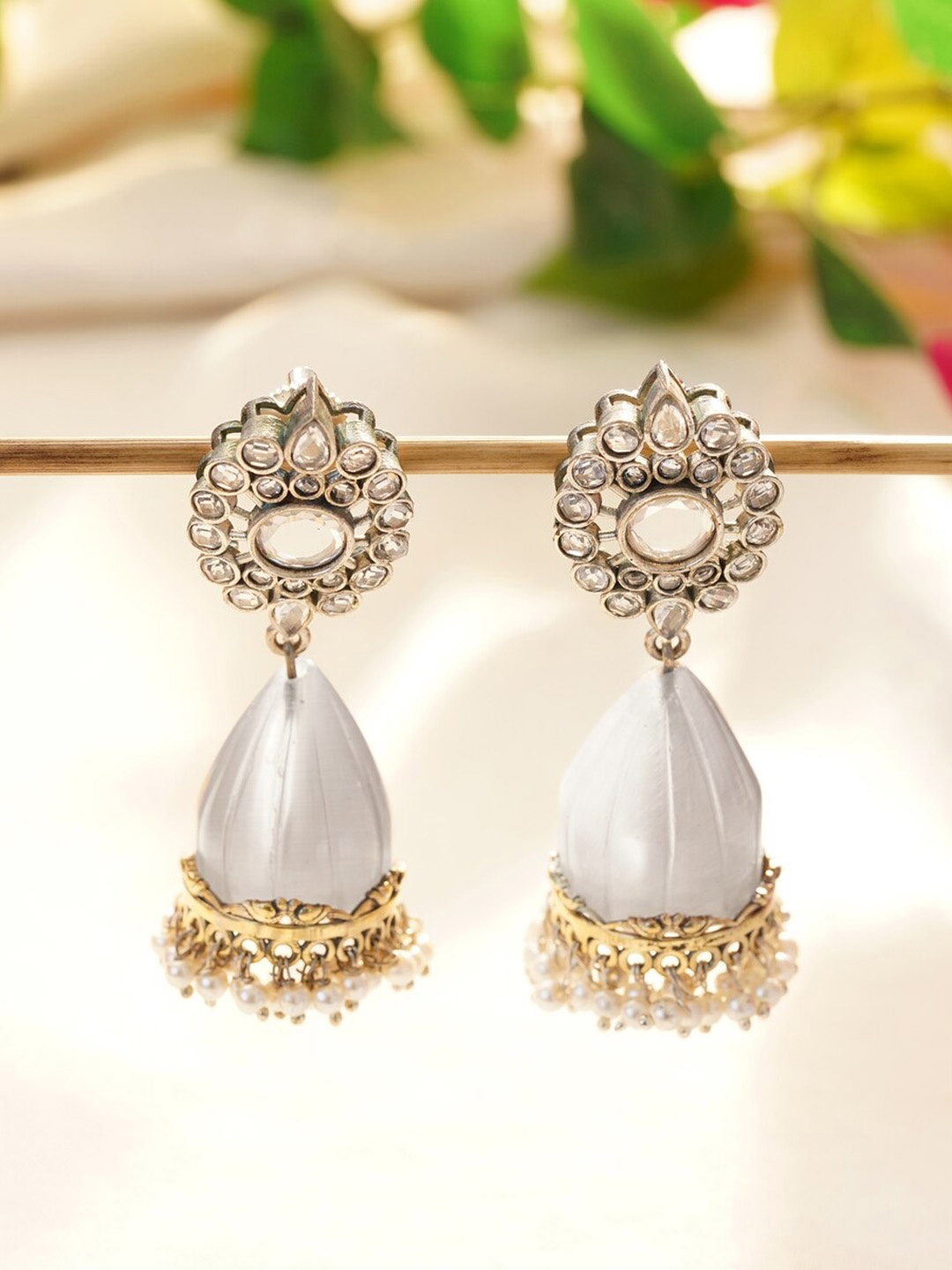 

JAYPORE Contemporary Stone Studded Jhumkas Earrings, Silver