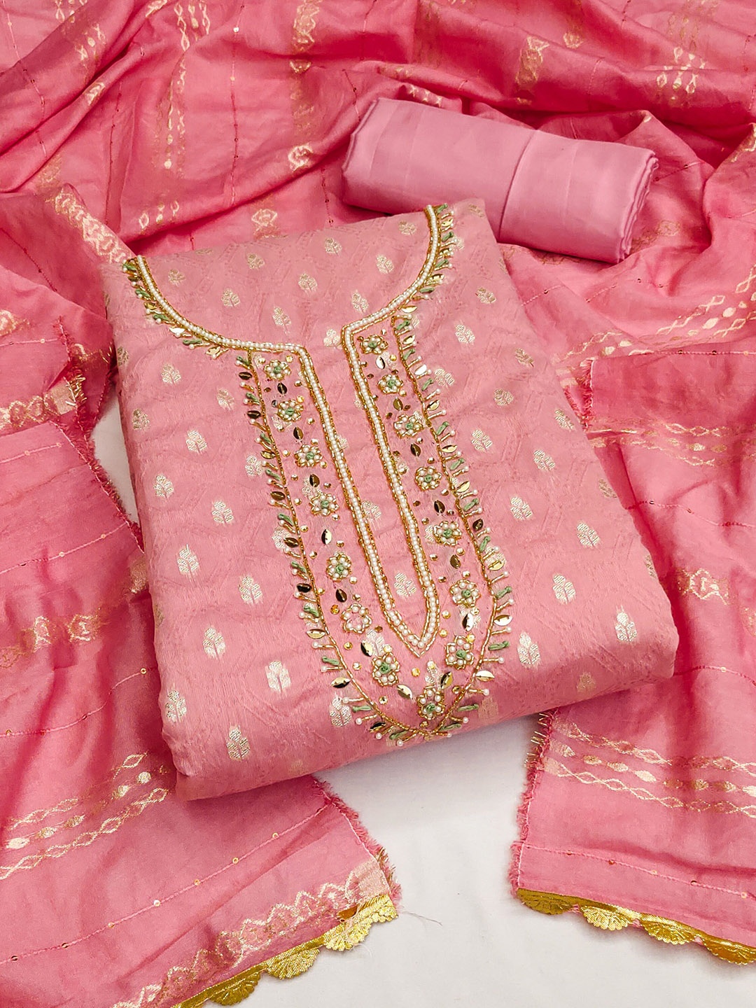 

Maroosh Floral Embellished Unstitched Dress Material, Pink