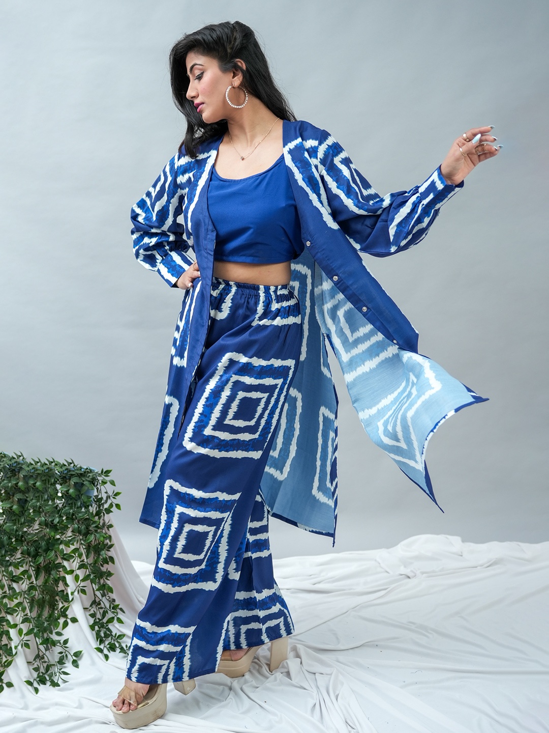 

GO BOUJEE Printed Top, Shrug With Palazzo Co-Ords, Blue