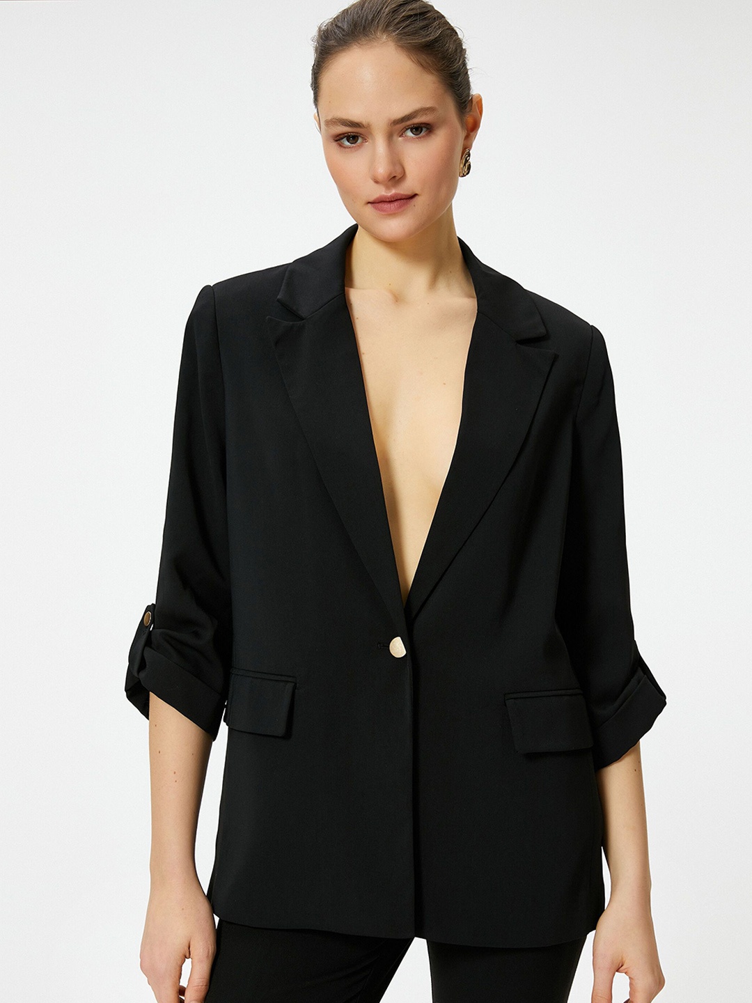 

Koton Women Lapel Collar Solid Casual Tailored Jacket, Black