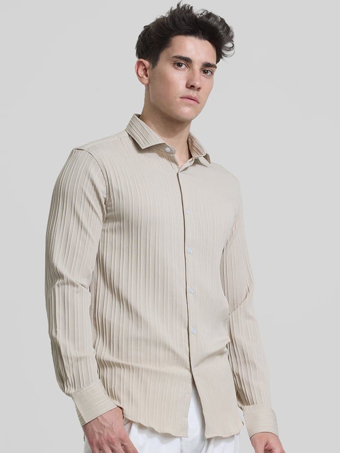 

Snitch Men Smart Spread Collar Vertical Striped Slim Fit Casual Shirt, Beige