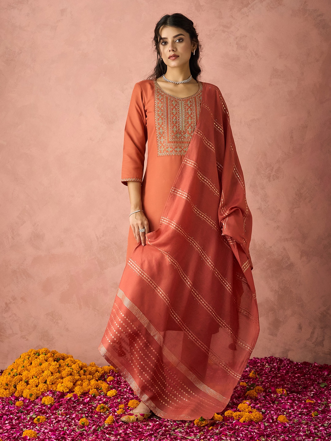 

KALINI Ethnic Motifs Yoke Design Sequinned Kurta with Trousers & Dupatta, Rust