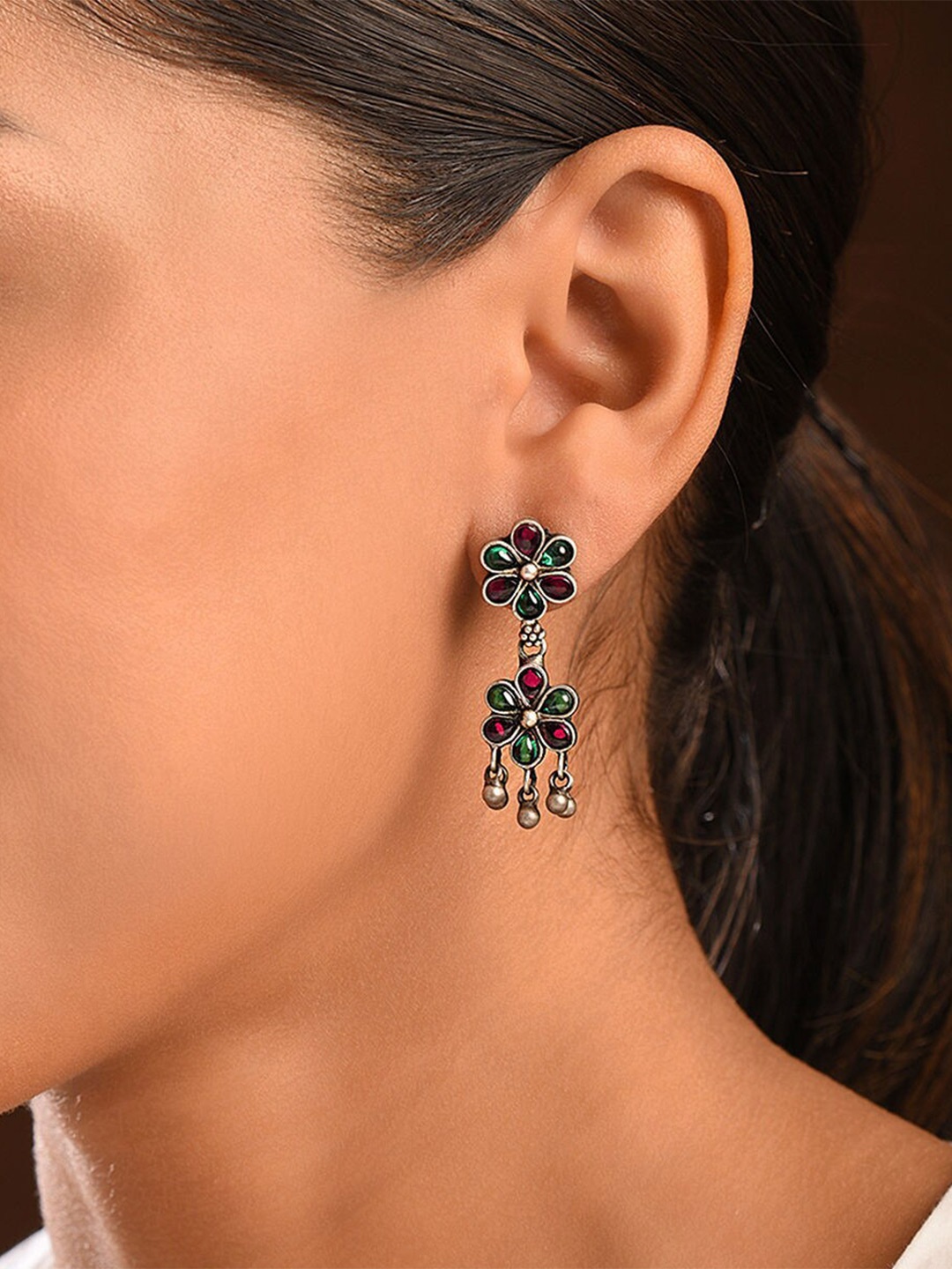 

JAYPORE Oxidised Stone Studded Drop Earrings, Silver