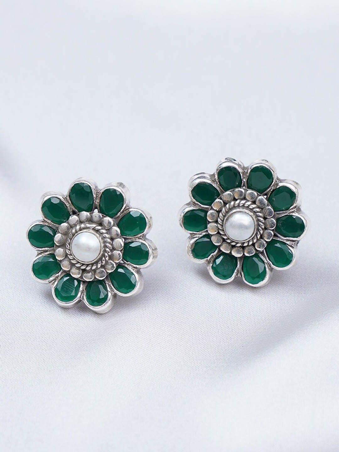 

JAYPORE Artificial Stones Floral Shaped Studs, Silver