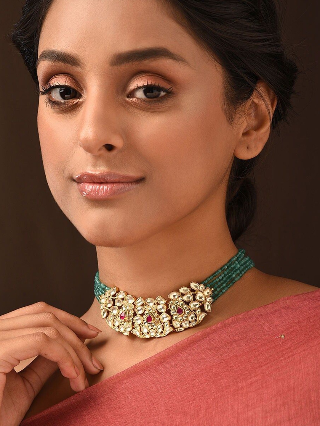 

JAYPORE Brass Gold-Plated Kundan Stud Necklace