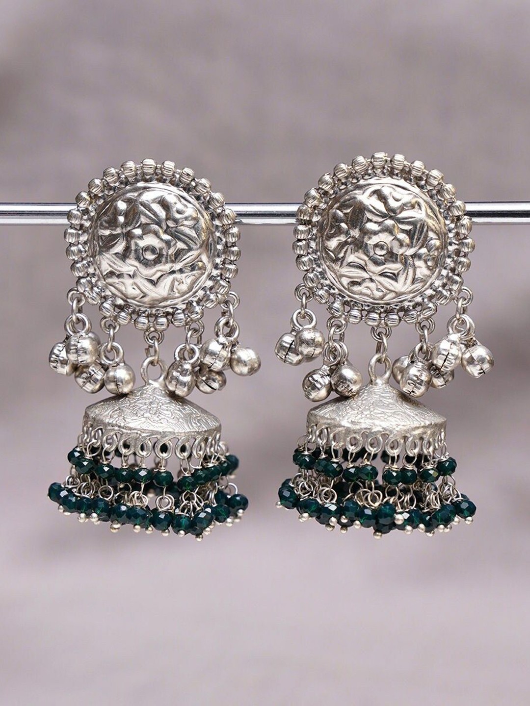 

JAYPORE Brass Dome Shaped Beaded Jhumkas Earrings, Silver