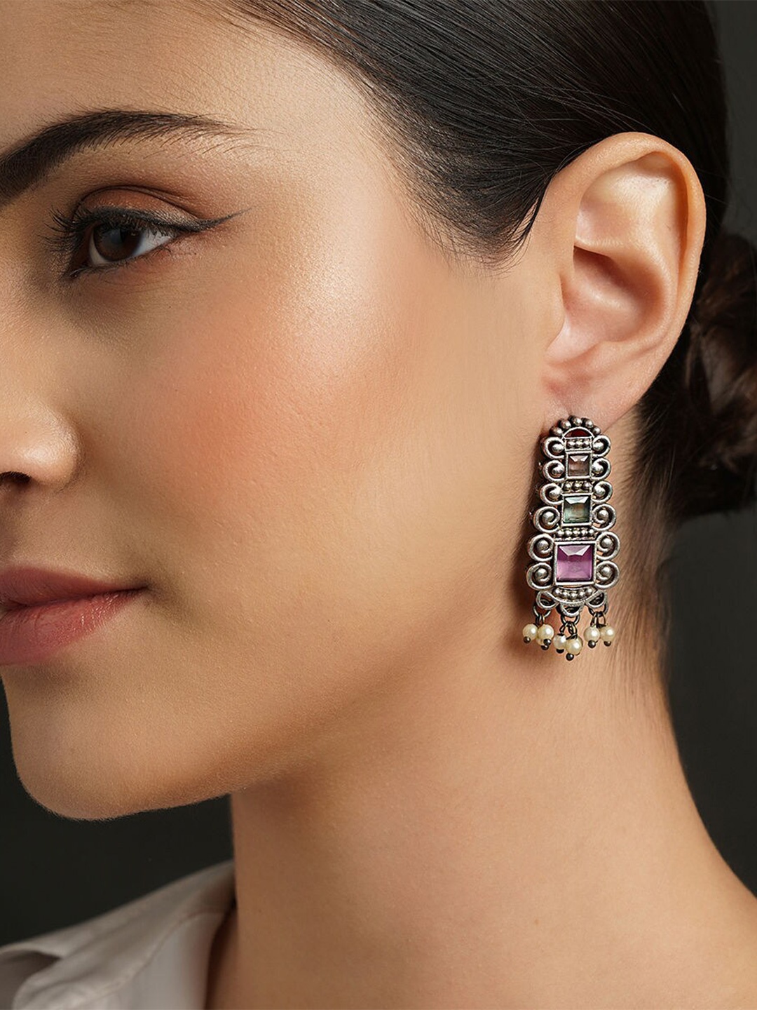 

JAYPORE Silver-Plated Oxidised Contemporary Drop Earrings