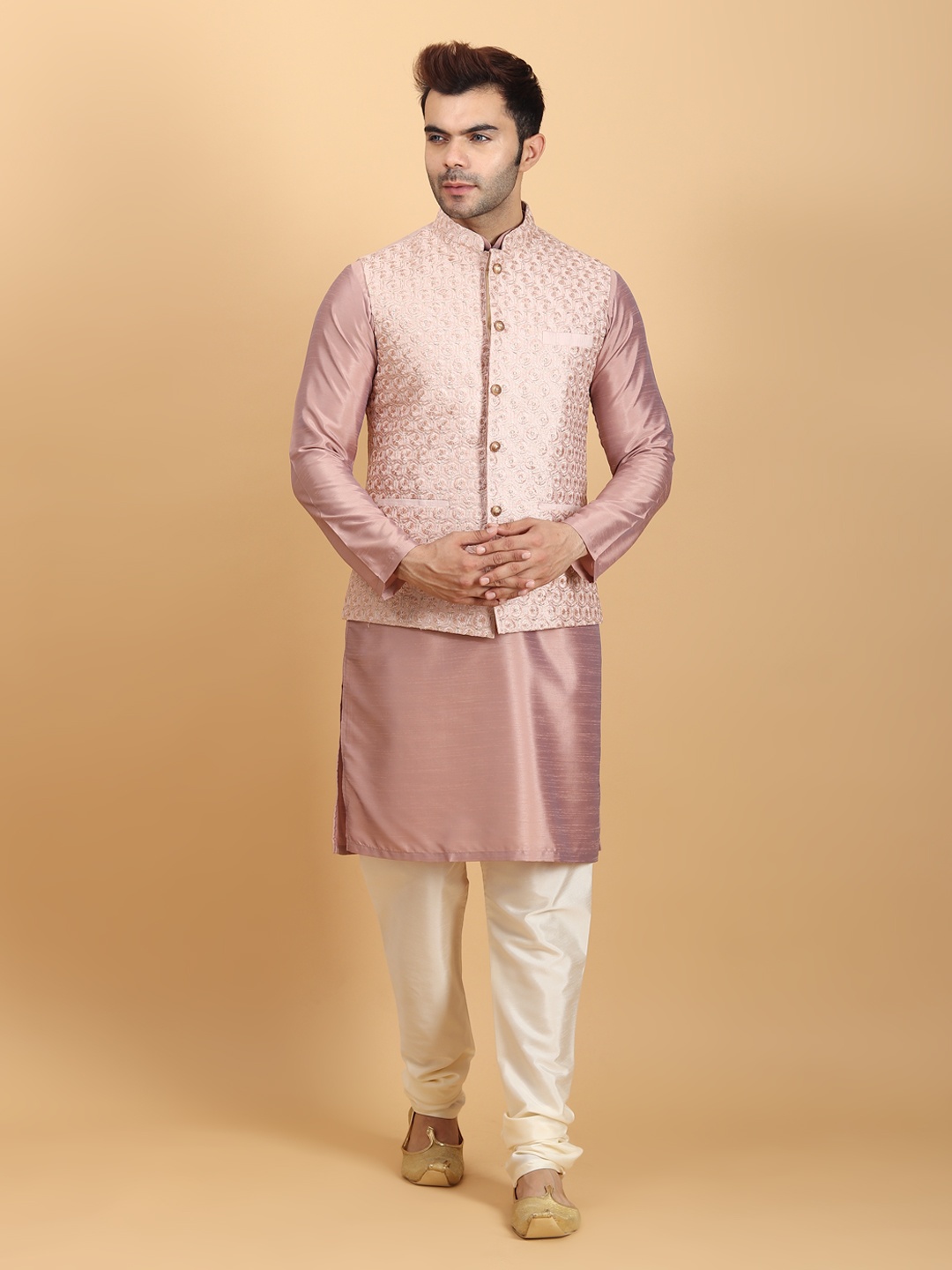 

Ethluxis Mandarin Collar Straight Kurta with Churidar & Embroidered Nehru jacket, Pink