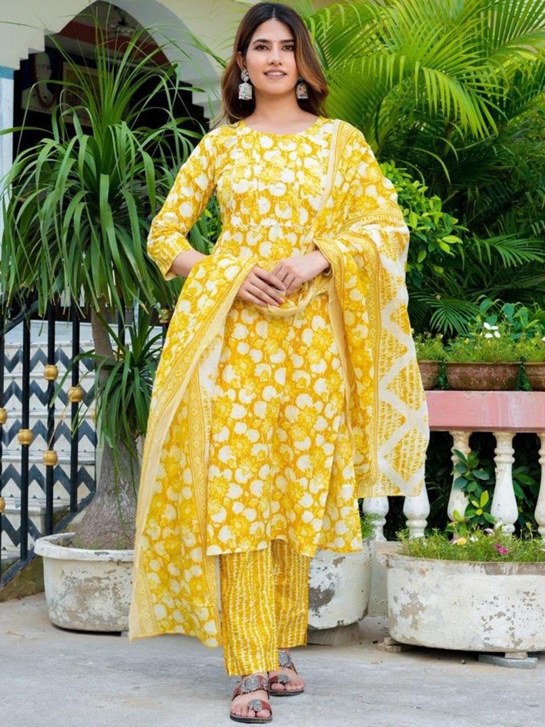 

ZOYOTO Floral Embroidered Sequinned Pure Cotton Kurta With Trousers & Dupatta, Yellow