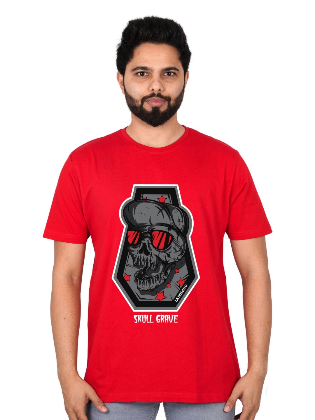 

LA MILANO Men Graphic Printed Round Neck Pure Cotton Slim Fit T-shirt, Red