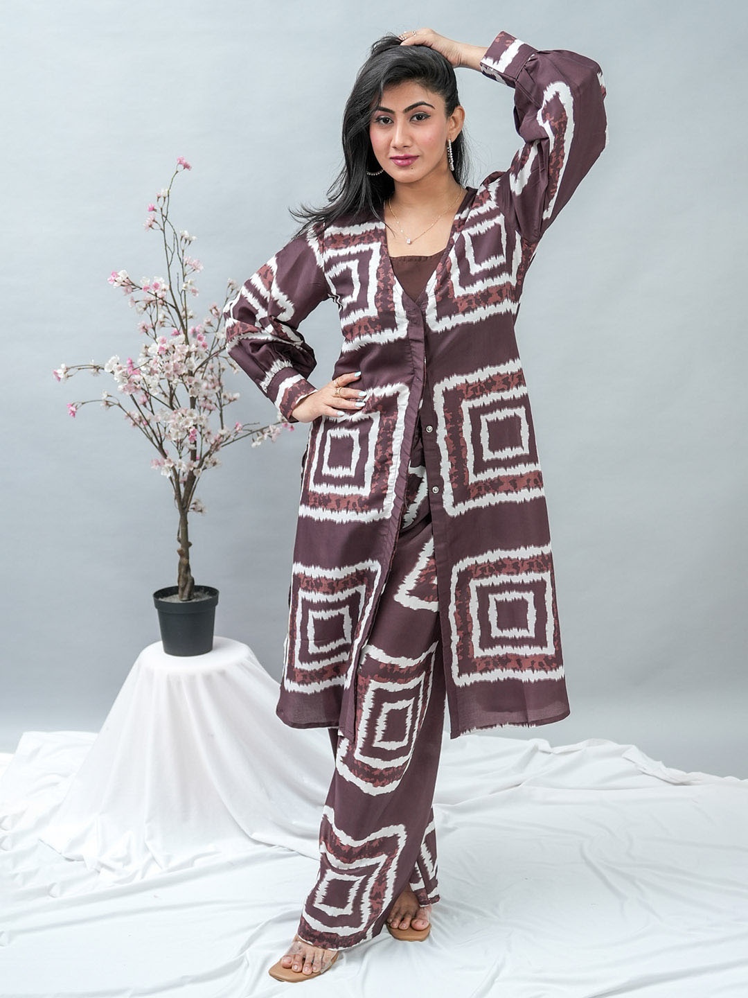 

GO BOUJEE Pure Cotton Top With Trouser & Shurg Co-Ords, Brown