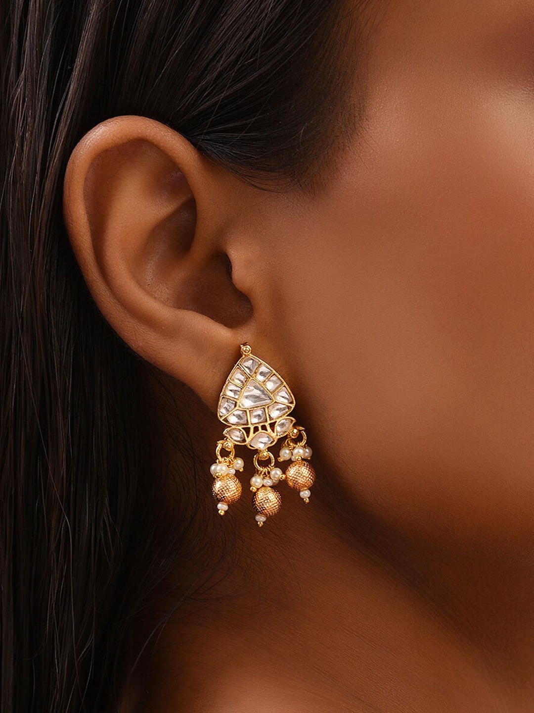 

JAYPORE Stone Studded & Beaded Drop Earrings, Gold