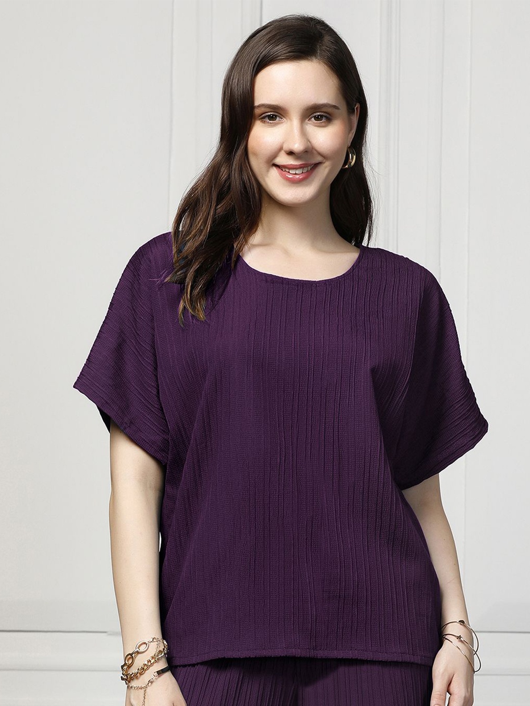 

OMPAX Women Round Neck Self Design Casual Top, Purple