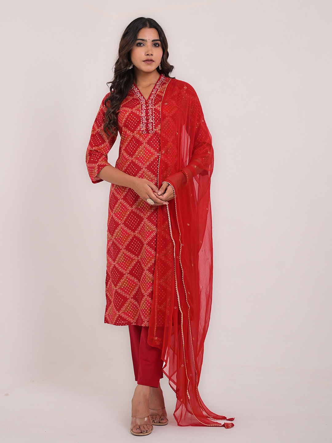 

KAVITA GUPTA Ethnic Motifs Printed Pure Cotton Kurta With Trousers & Dupatta, Red