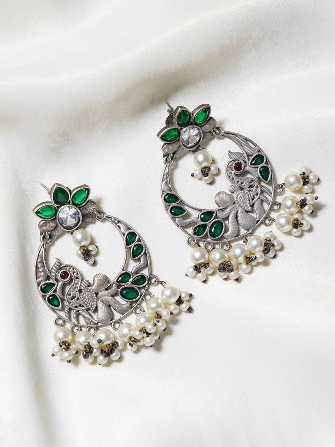 

JAYPORE Stone Studded & Beaded Contemporary Drop Earrings, Silver