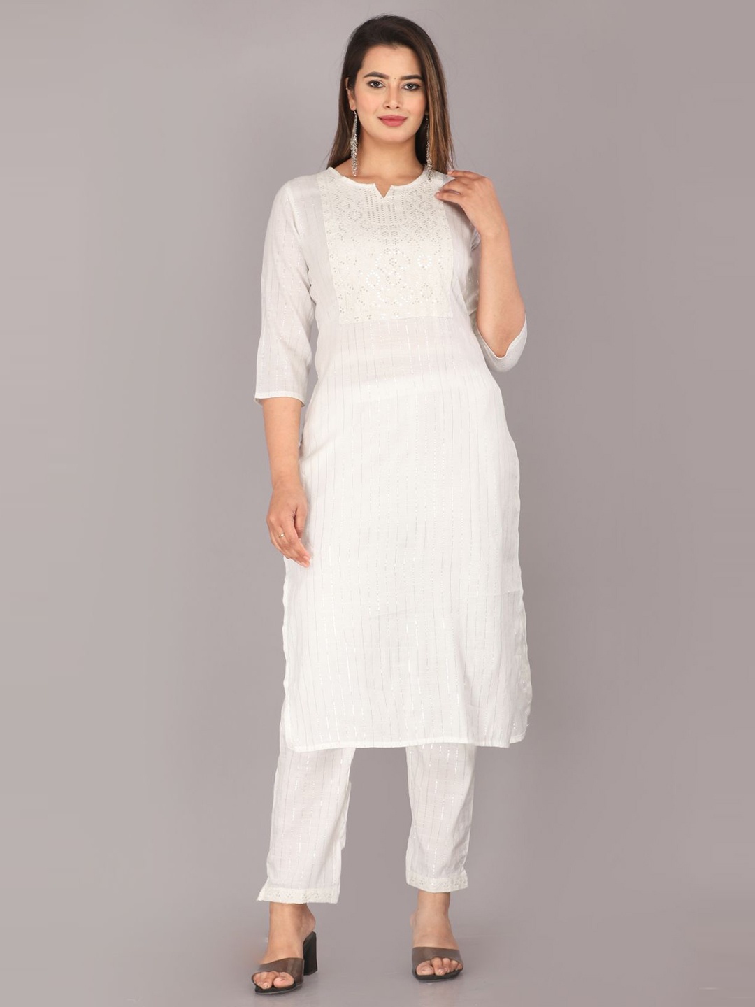 

Mehsoos Geometric Embroidered Sequinned Pure Cotton Kurta with Trousers, White